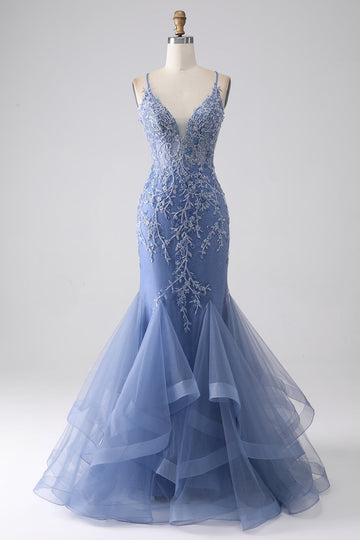 Grå Blå Mermaid Spaghetti Strap Beaded Backless Prom Klänning Med Applikationer